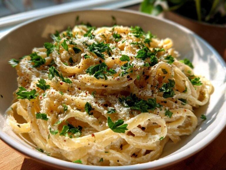 A bowl of Creamy Lemon Pasta, topped with fresh parsley, parmesan cheese, and red pepper flakes.