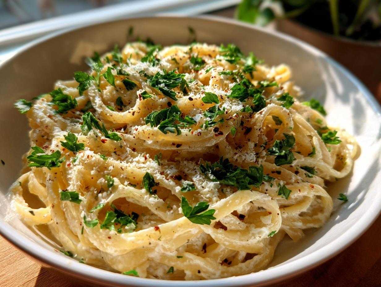 A bowl of Creamy Lemon Pasta, topped with fresh parsley, parmesan cheese, and red pepper flakes.