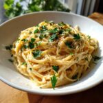 A bowl of Creamy Lemon Pasta, garnished with fresh parsley and parmesan cheese.