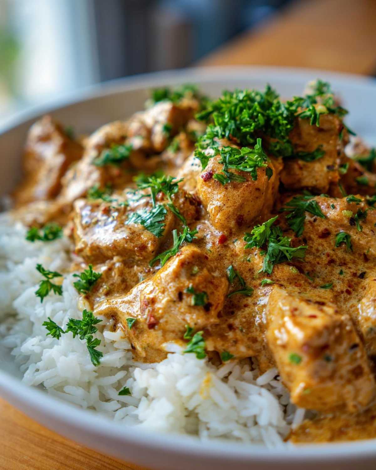 A bowl of creamy smothered chicken and rice, garnished with fresh parsley, ready to eat.