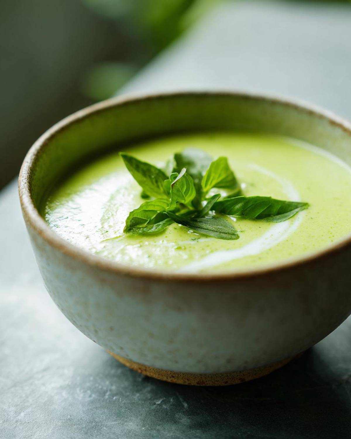 Bowl of vibrant green zucchini soup garnished with fresh basil leaves and a swirl of cream.