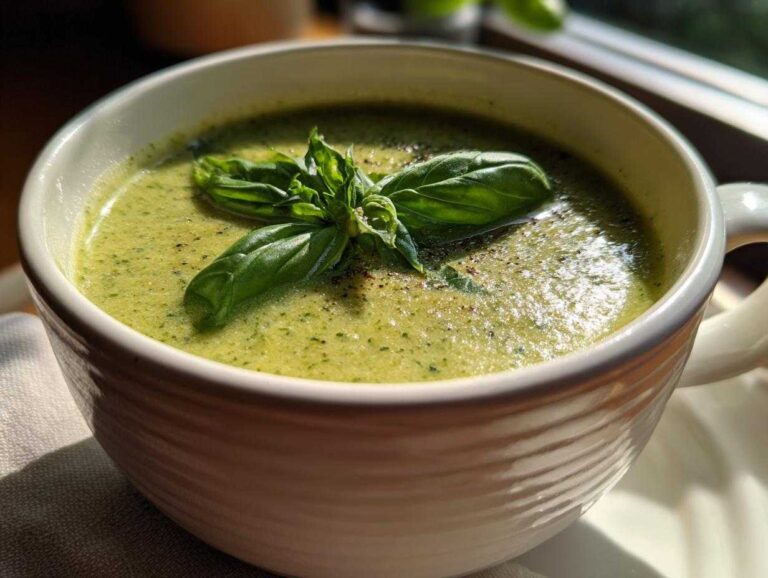 A bowl of vibrant green zucchini soup, garnished with fresh basil leaves and a sprinkle of pepper.