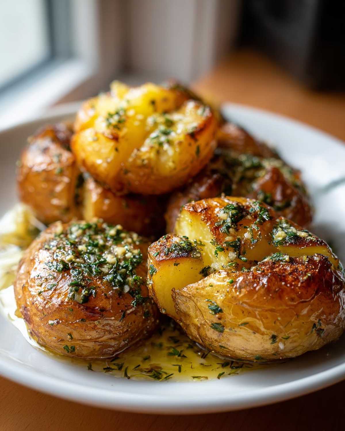 A plate of golden, crispy smashed potatoes topped with fresh herbs and drizzled with oil.