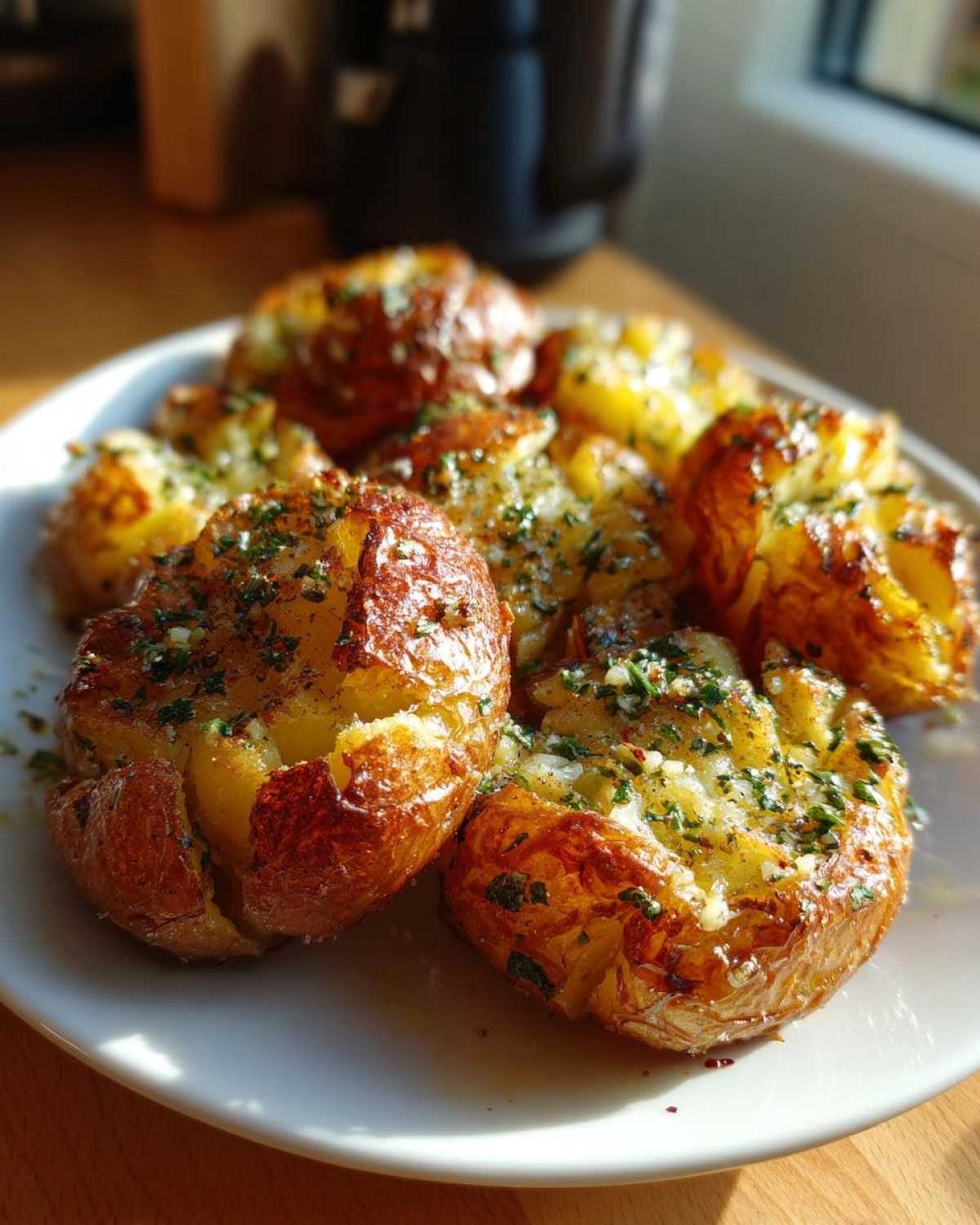 A plate of golden brown crispy smashed potatoes, garnished with fresh herbs and spices.