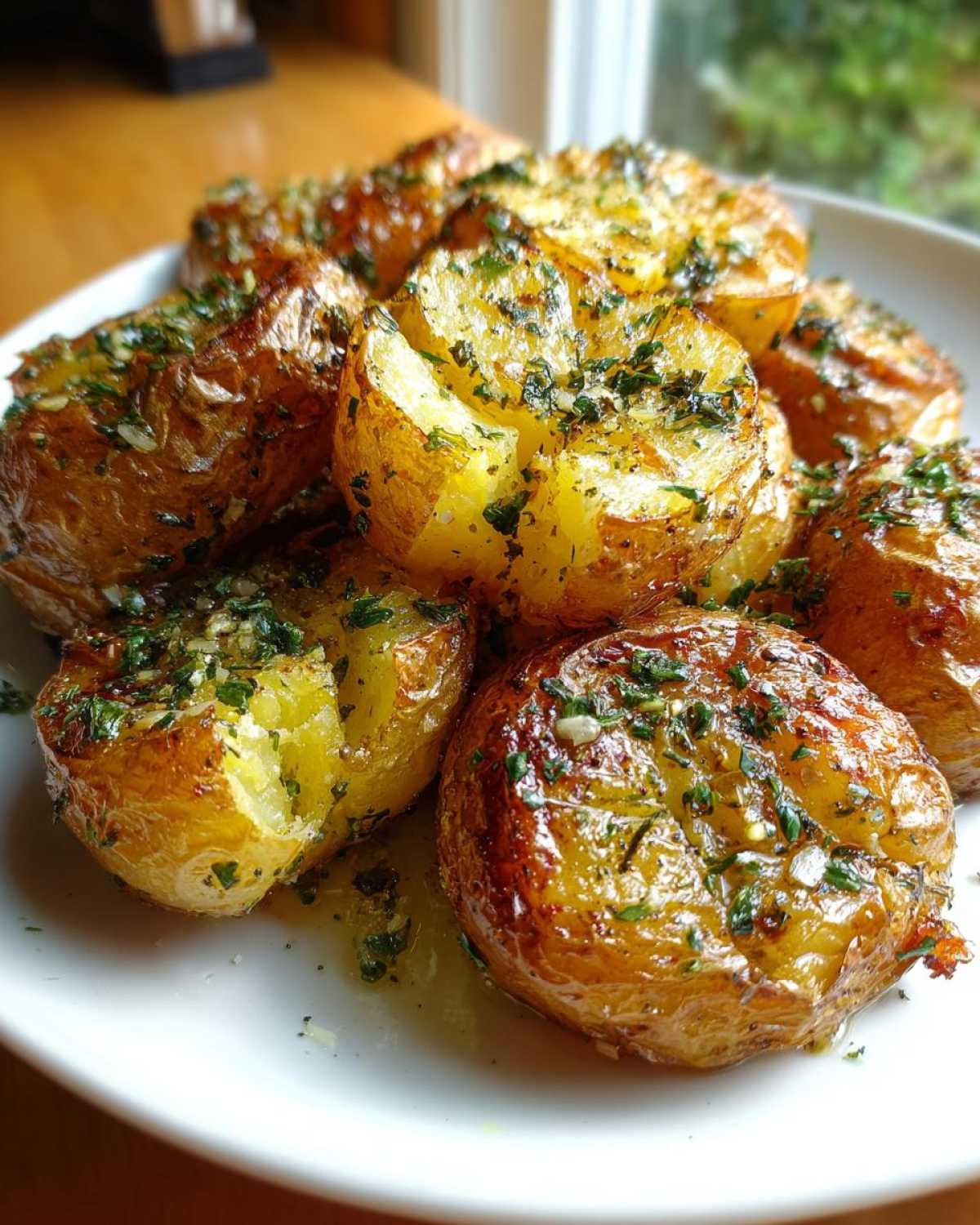 A plate of golden brown crispy smashed potatoes, topped with fresh herbs and garlic.