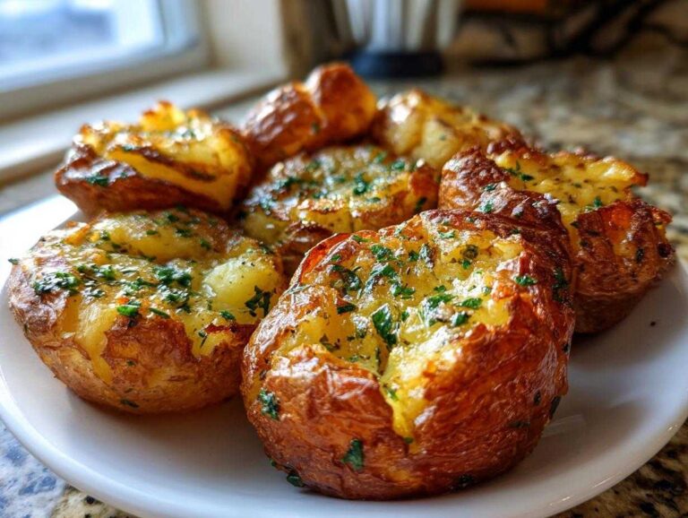 A plate of golden brown crispy smashed potatoes, garnished with fresh herbs.
