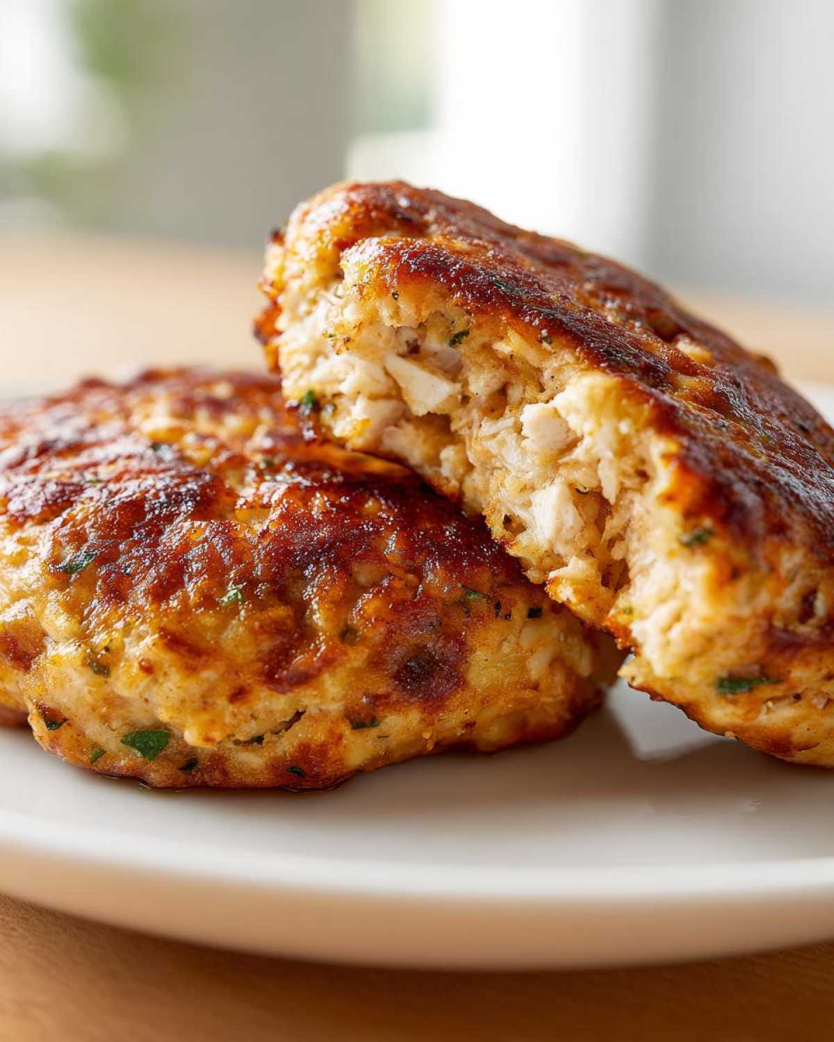 Close-up of golden brown Tuna Patties, one cut in half to show the flaky tuna inside.