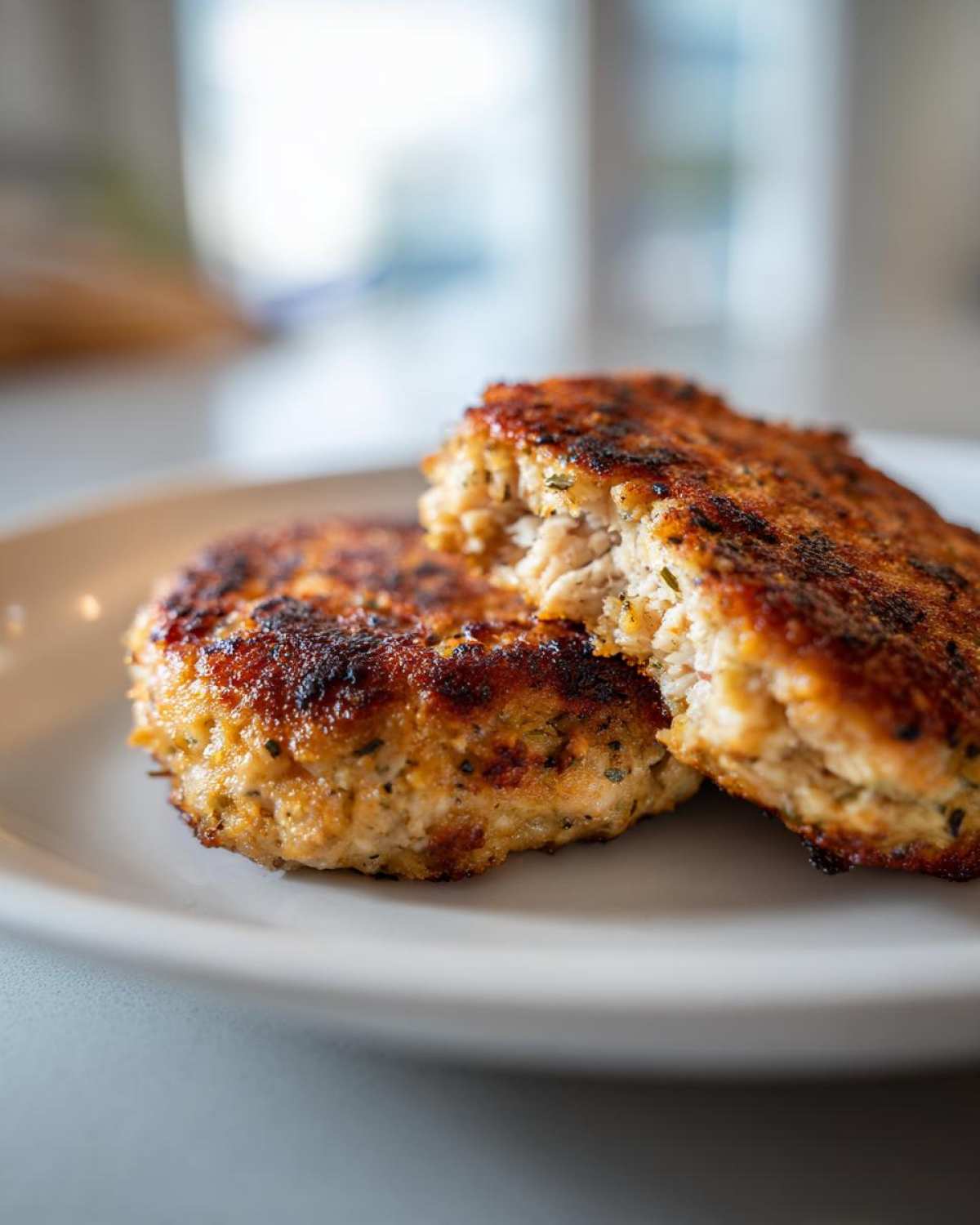 Close-up of two golden brown Tuna Patties on a plate, one broken open to show the inside texture.