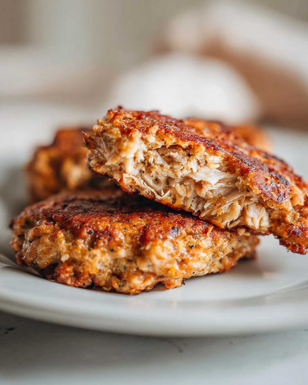 Close-up of stacked Tuna Patties on a plate, one patty broken open to show the flaky tuna inside.