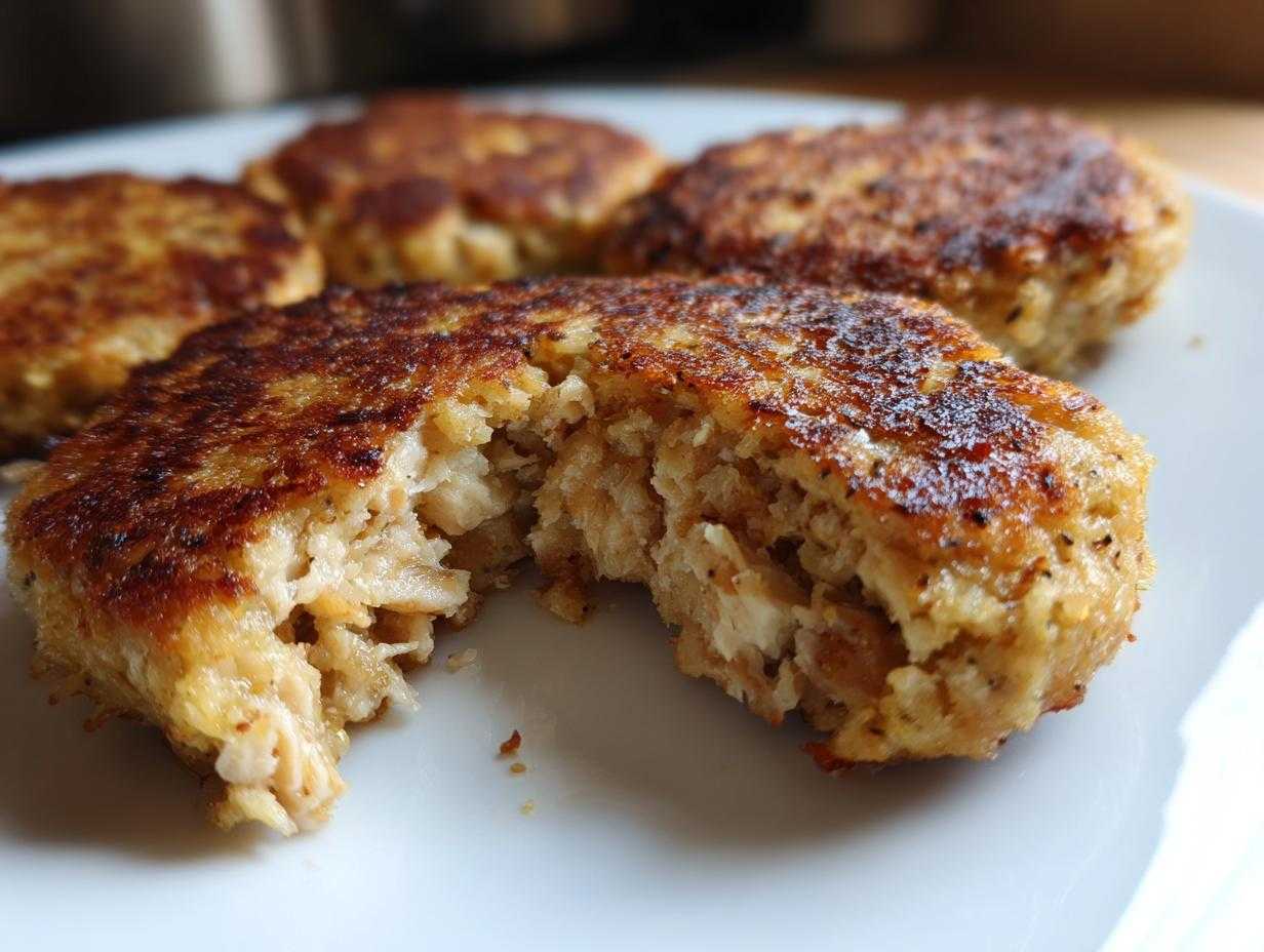 Close-up of crispy Tuna Patties on a white plate, one patty broken open to show texture.