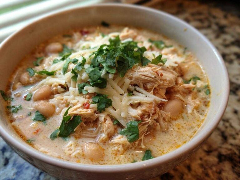 A bowl of creamy crockpot white chicken chili topped with shredded cheese and fresh cilantro.