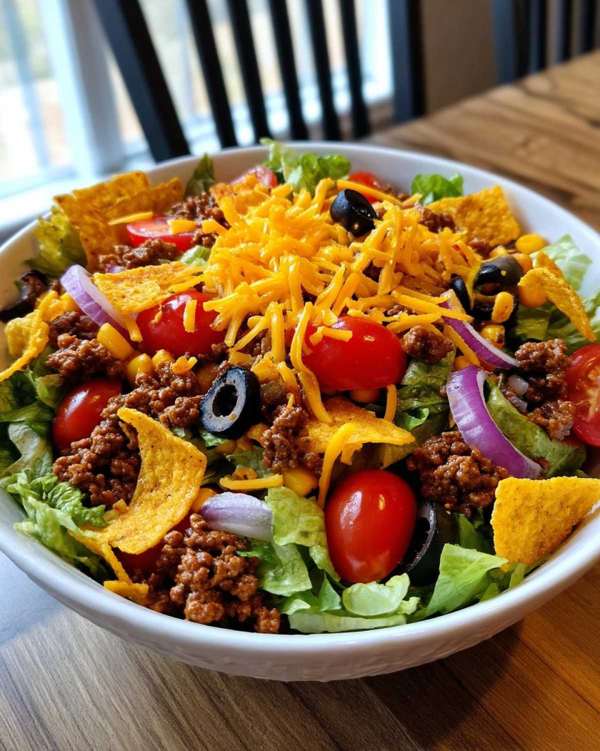 Close-up of a Dorito taco salad in a white bowl, featuring lettuce, ground beef, tomatoes, cheese, olives, and Doritos.