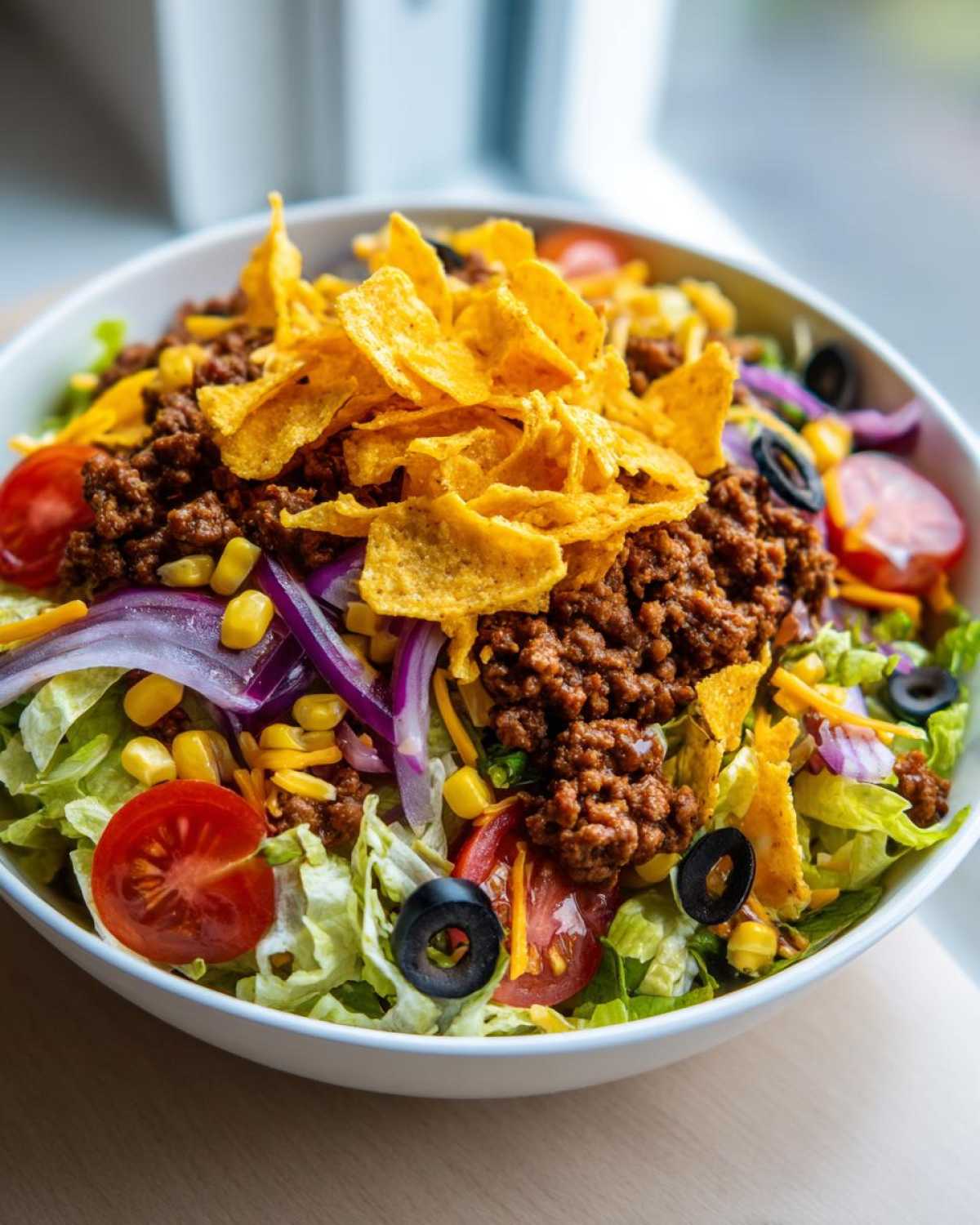A vibrant Dorito taco salad in a white bowl, featuring lettuce, ground beef, tomatoes, corn, and Dorito chips.