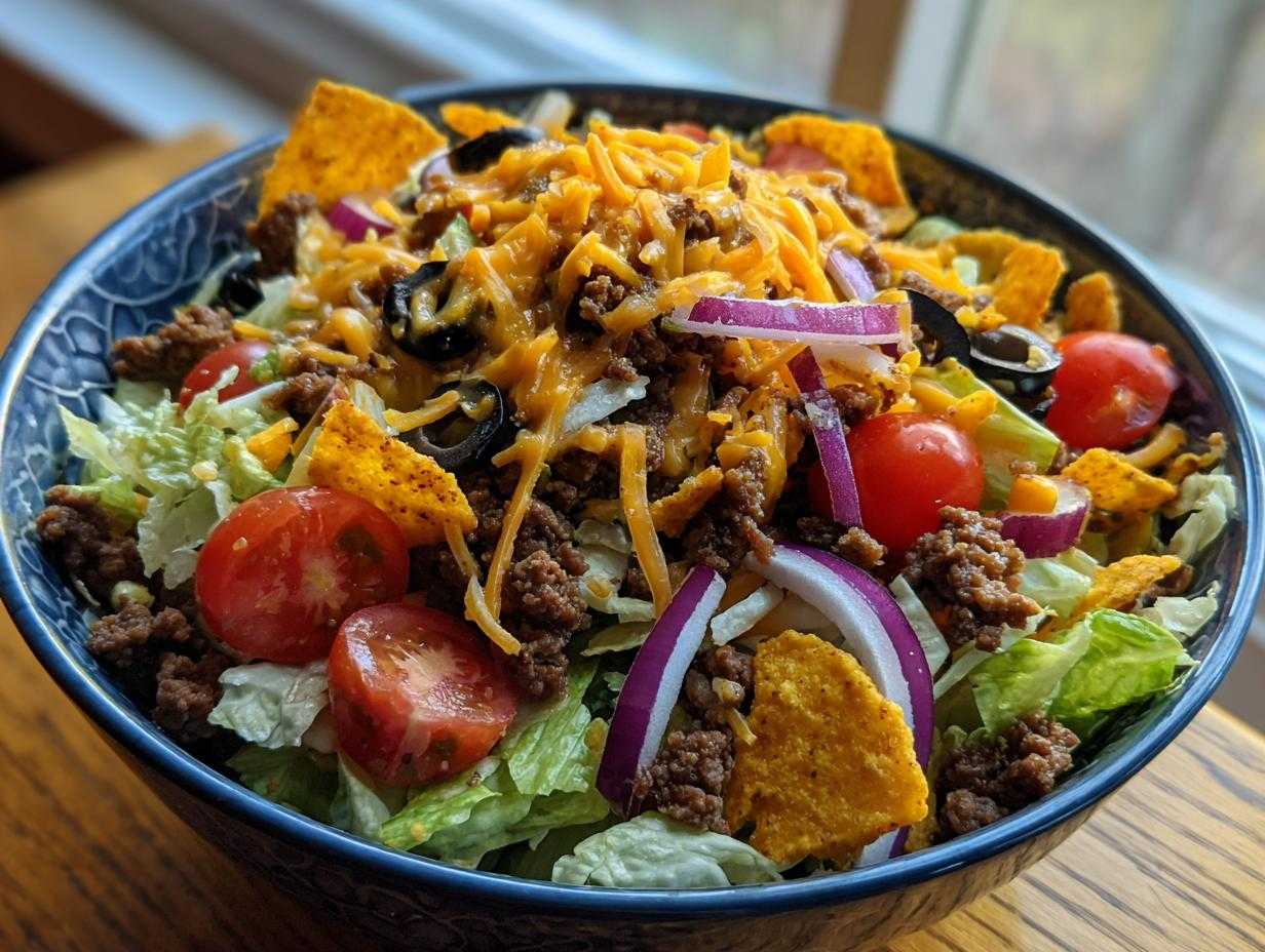 A vibrant Dorito taco salad in a blue bowl, featuring lettuce, ground beef, tomatoes, cheese, and Doritos.
