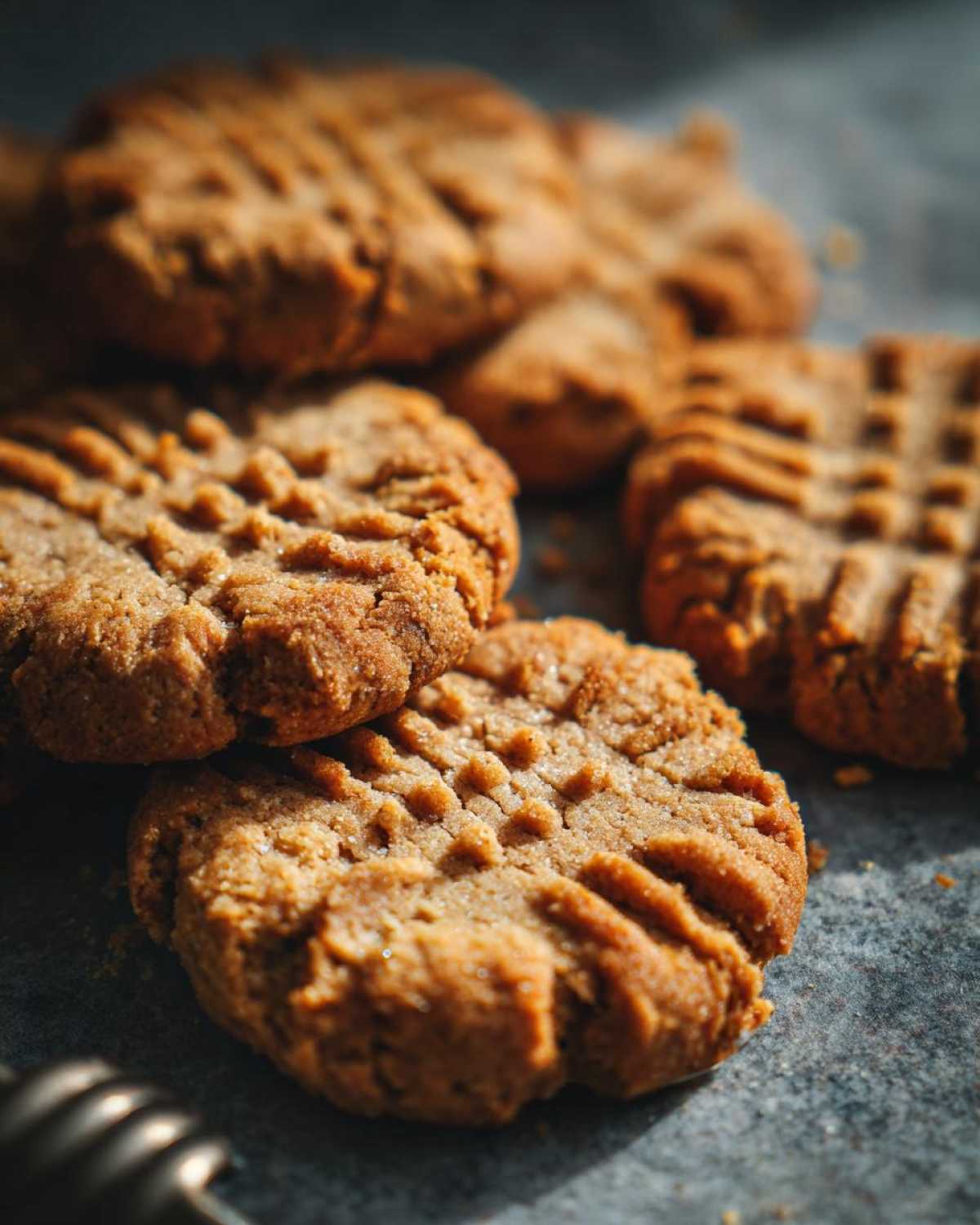 A close-up of several Easy Peanut Butter Cookies with a distinctive crosshatch pattern on top.