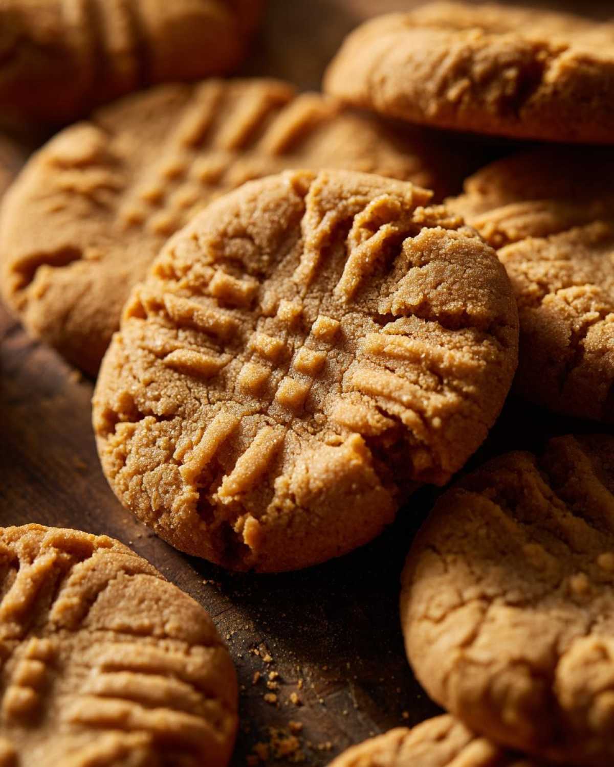 Close-up of several Easy Peanut Butter Cookies with fork marks on a wooden surface.