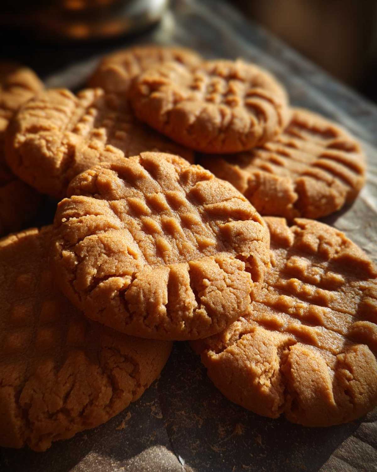 A close-up of a pile of freshly baked Easy Peanut Butter Cookies with a classic fork-pressed pattern.