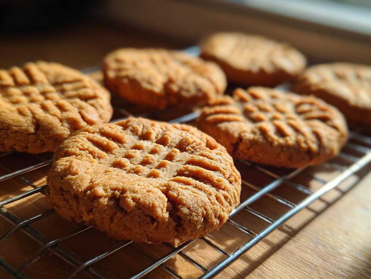 Close-up of several freshly baked Easy Peanut Butter Cookies cooling on a wire rack.