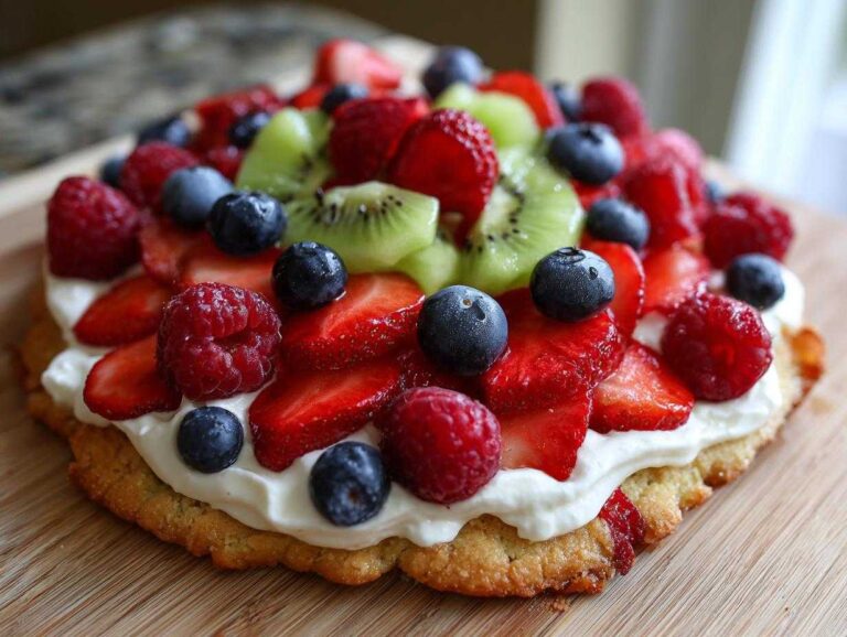 A vibrant fruit pizza sugar cookie topped with strawberries, blueberries, raspberries, and kiwi.