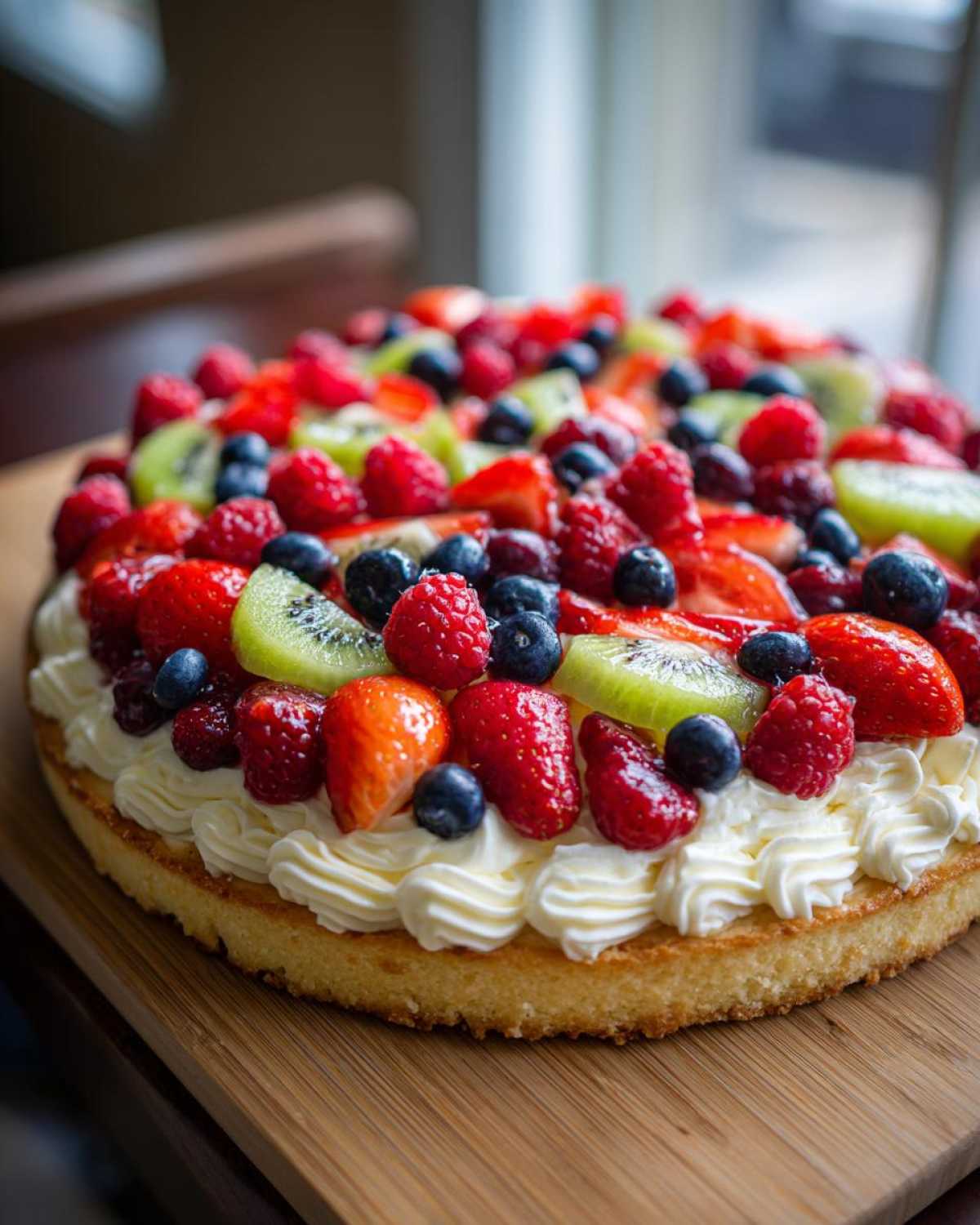 A vibrant fruit pizza sugar cookie with strawberries, raspberries, blueberries, and kiwi on a sugar cookie crust.