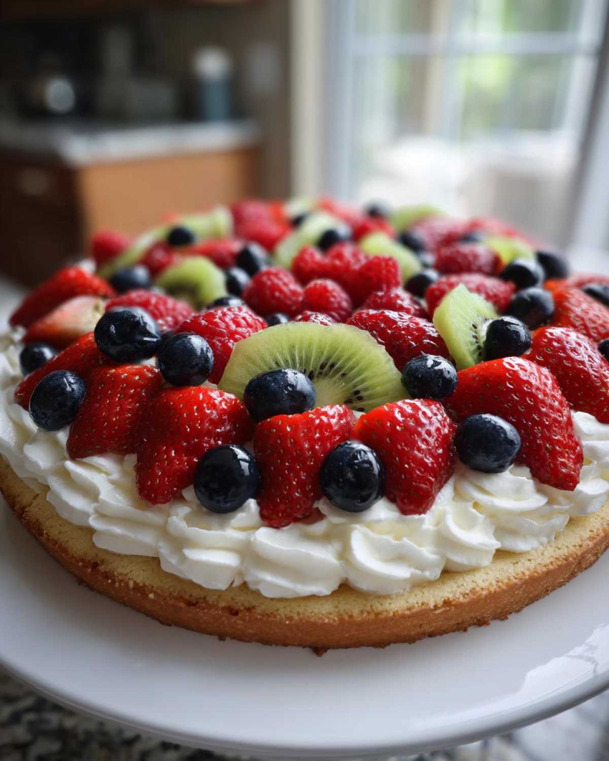 A vibrant fruit pizza sugar cookie topped with strawberries, blueberries, kiwi, and raspberries on a bed of whipped cream.