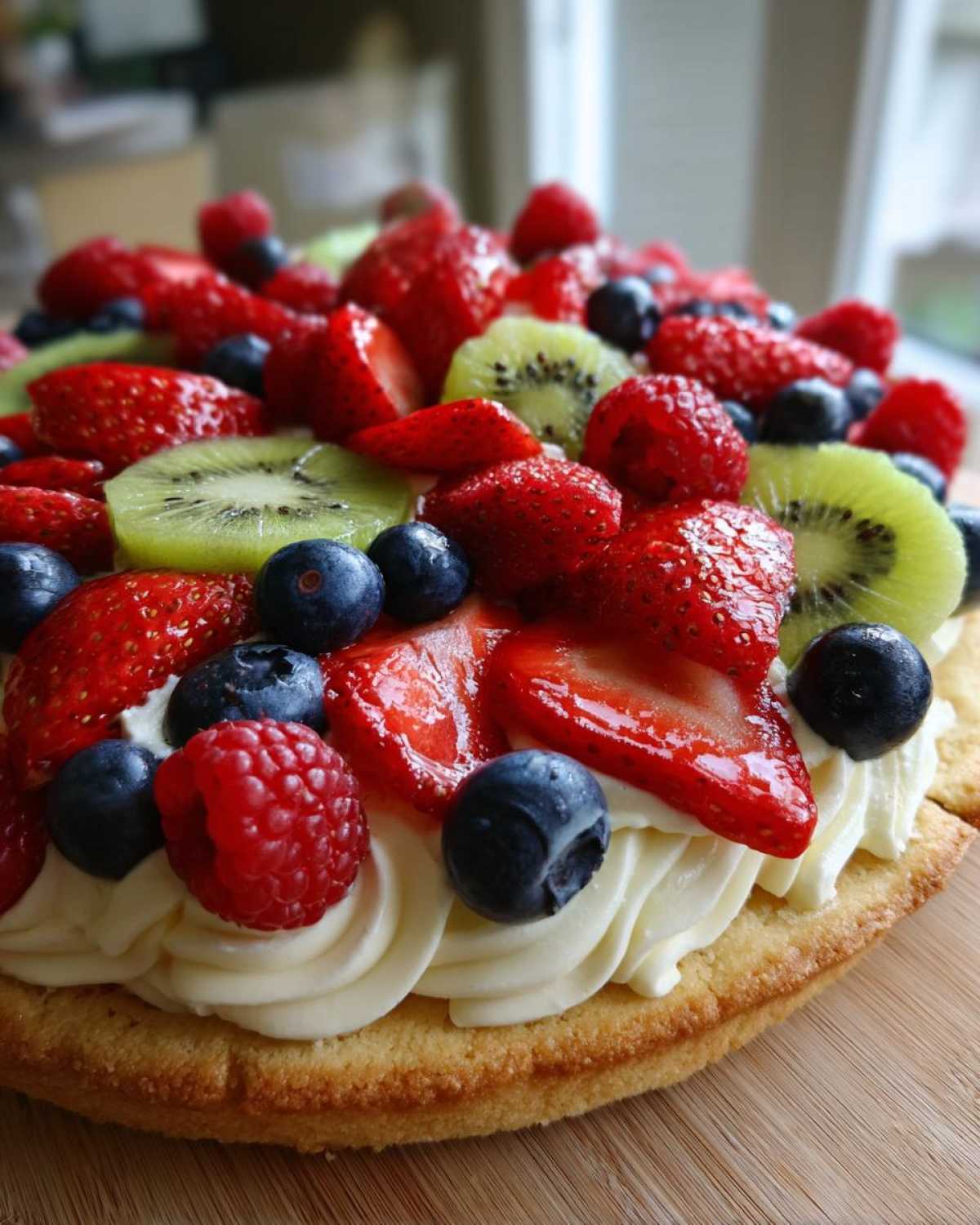 Close-up of a vibrant fruit pizza sugar cookie with strawberries, blueberries, kiwi, and raspberries on a cream cheese frosting.