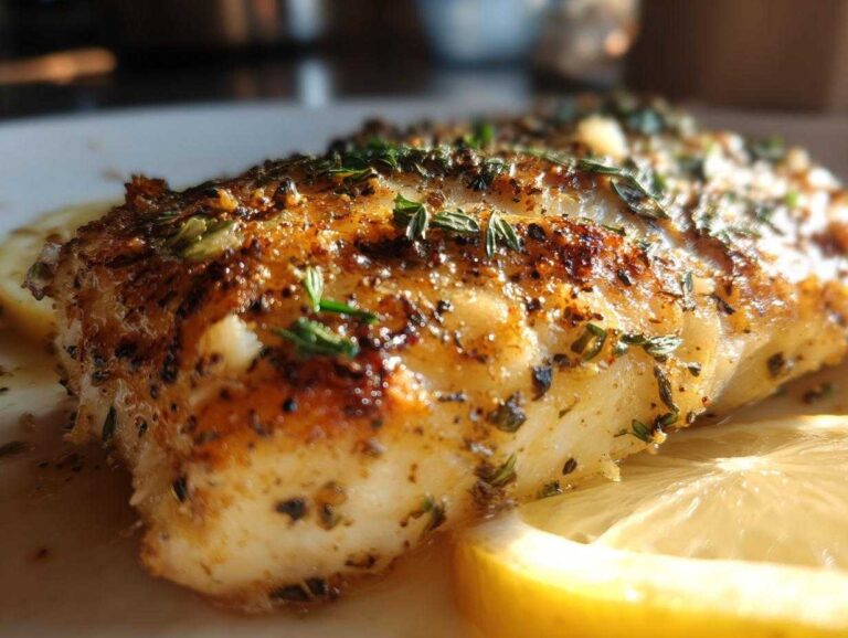 Close-up of Garlic Butter Baked Tilapia fillet served with lemon slices and fresh herbs.