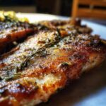 Close-up of Garlic Butter Baked Tilapia, showcasing the golden-brown crust and herb garnish.