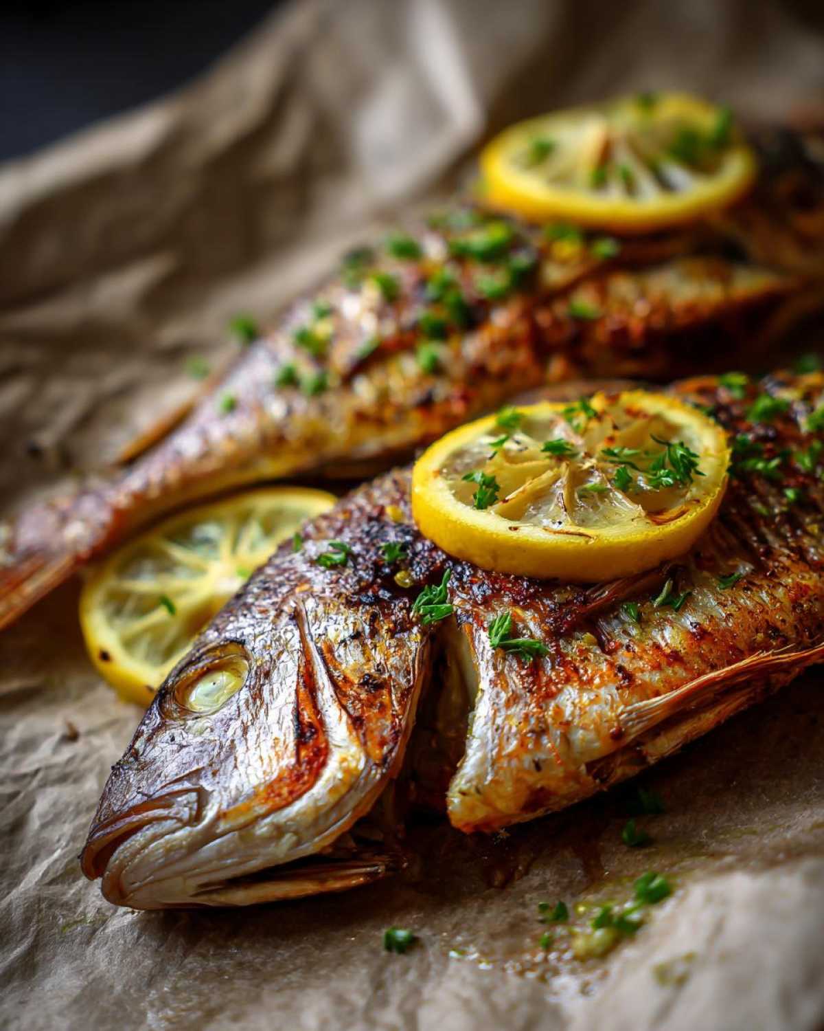 Two whole Garlic Butter Baked Tilapia garnished with lemon slices and fresh herbs on parchment paper.