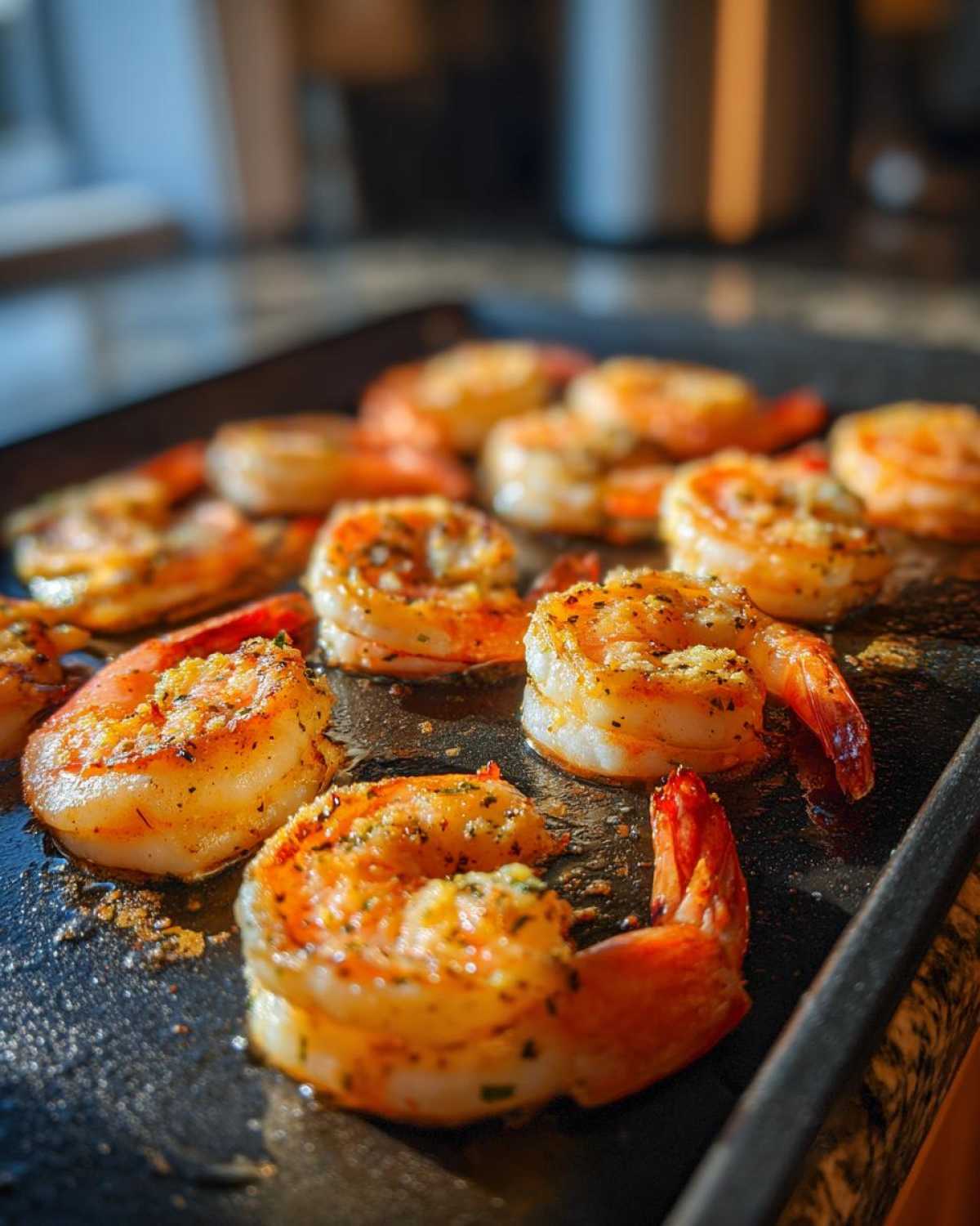 Close-up of Garlic Parmesan baked shrimp on a dark baking sheet, cooked to golden perfection.