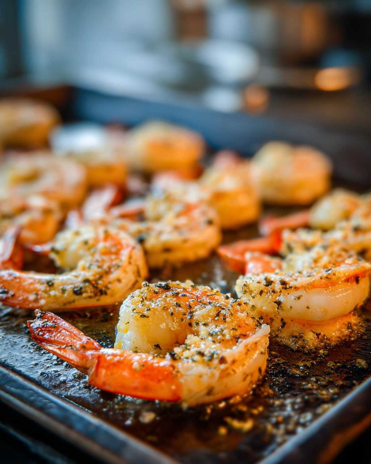 Close-up of Garlic Parmesan baked shrimp on a dark baking sheet, showcasing the golden crust.