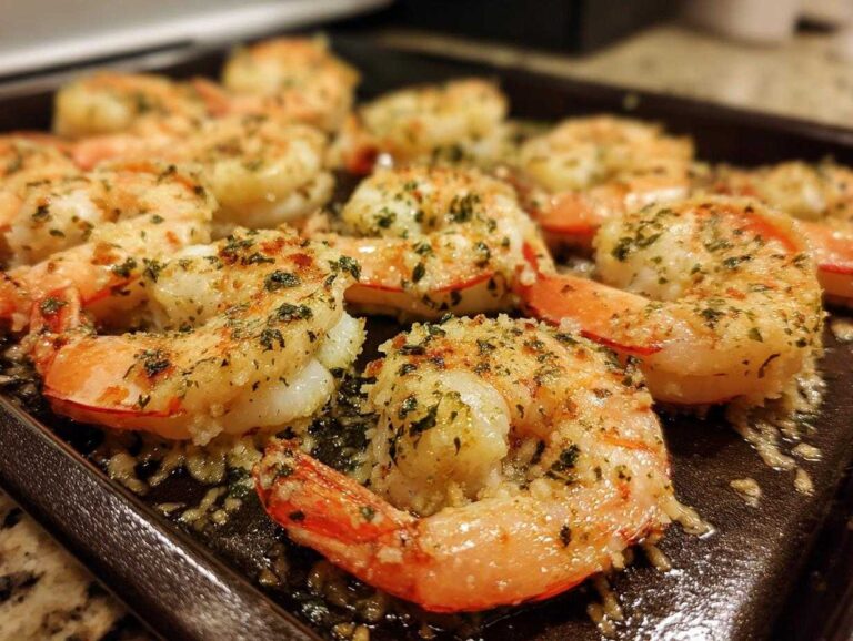 Close-up of garlic parmesan baked shrimp on a baking sheet, seasoned with herbs.