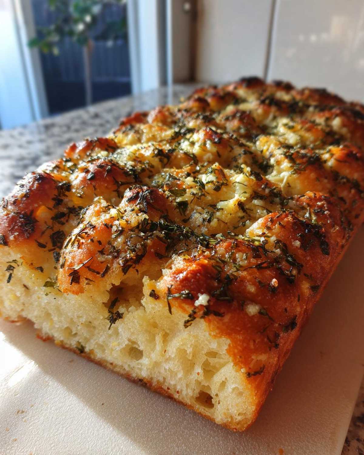 Close-up of a freshly baked Garlic Parmesan focaccia loaf, showcasing its golden crust and garlic-herb topping.
