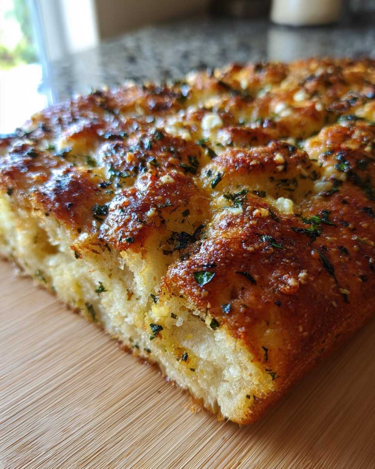 Close-up of a golden Garlic Parmesan focaccia loaf, showing the crust and herb topping.