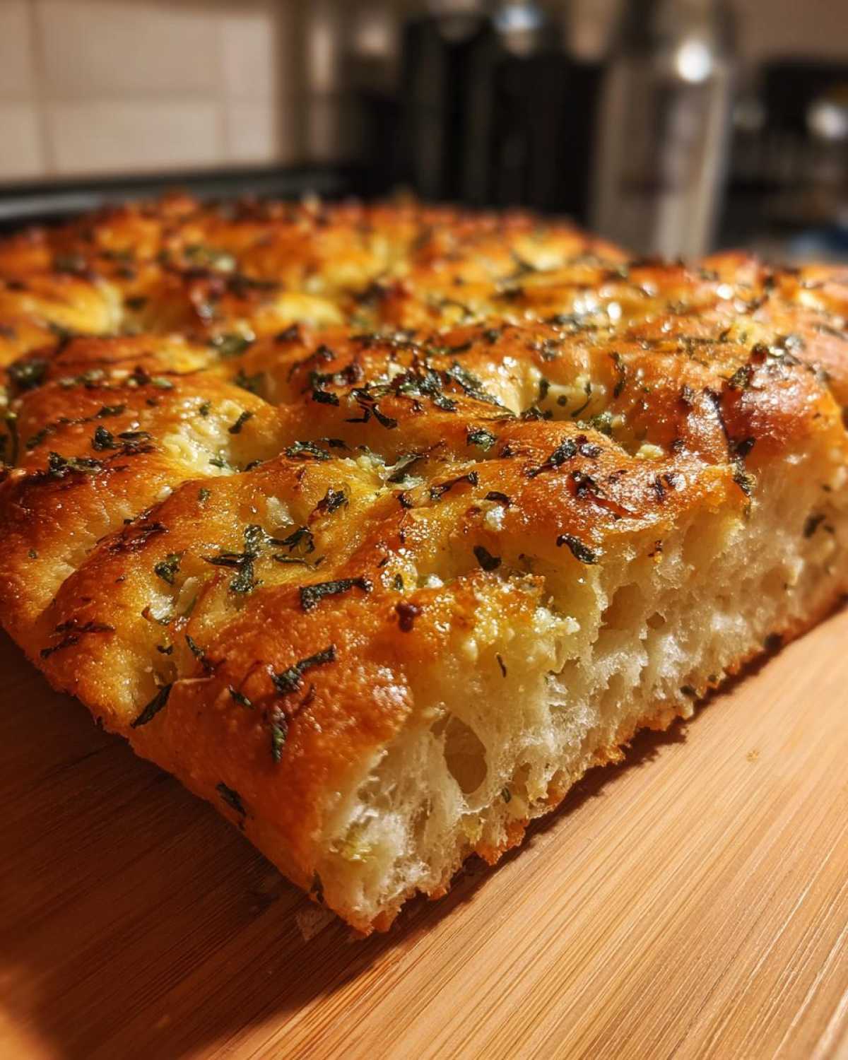 Close-up of a slice of Garlic Parmesan focaccia, showcasing its golden crust and airy interior.
