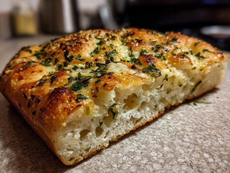 Close-up of a slice of golden Garlic Parmesan focaccia, showing the airy texture and herb topping.