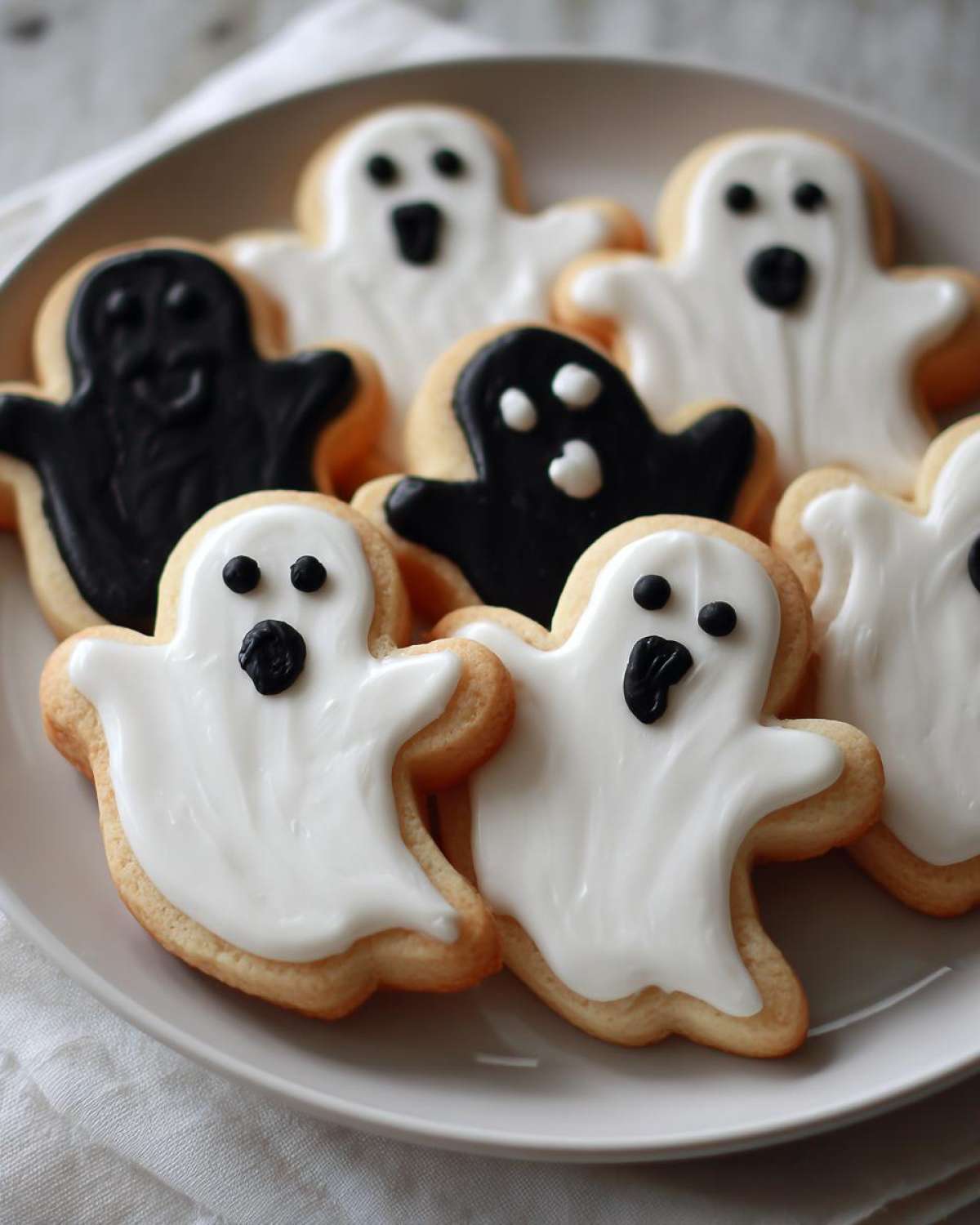 A plate of homemade ghost cookies, some decorated with white frosting and some with black, for a spooky Halloween treat.