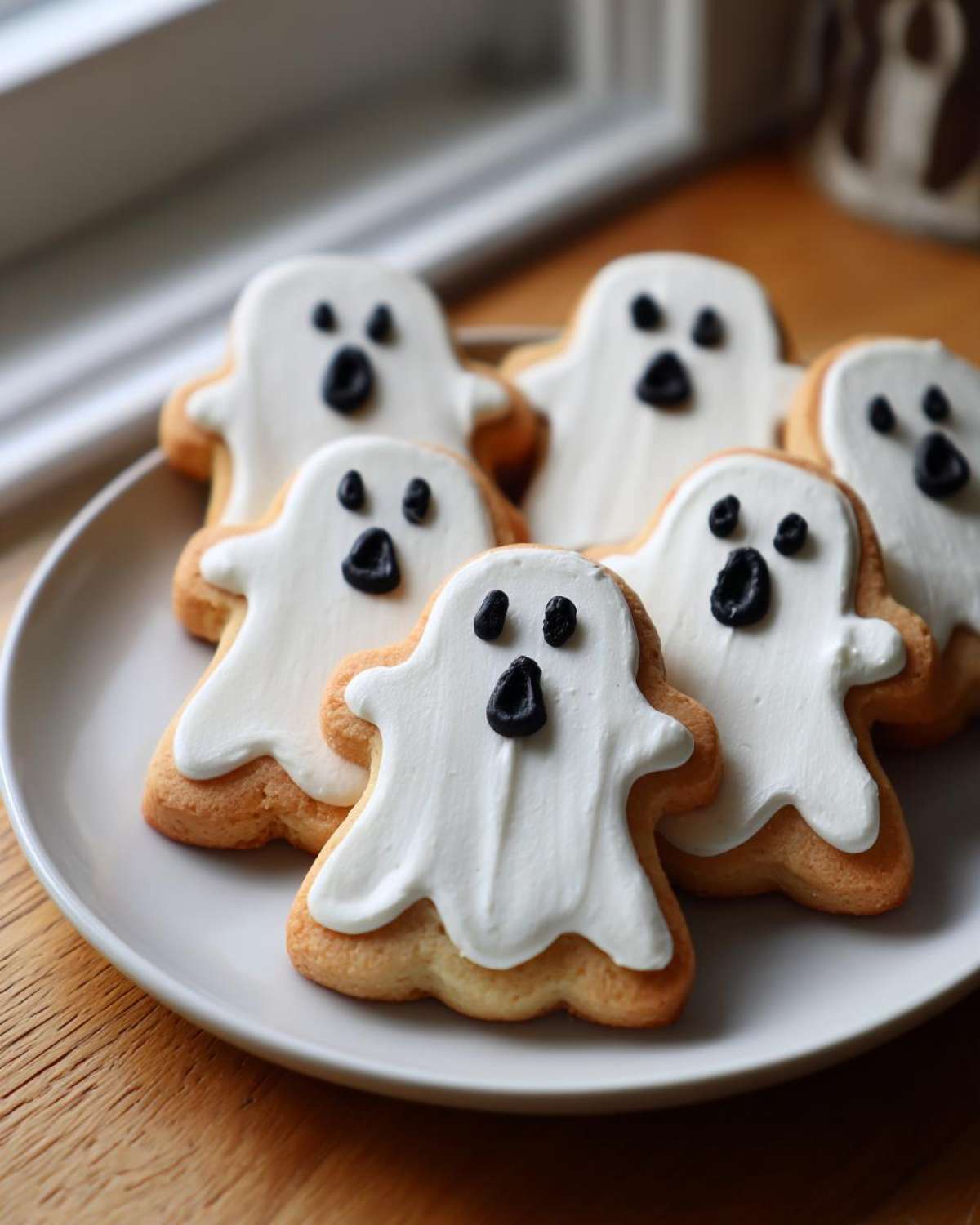 A plate of homemade ghost cookies with white frosting and black icing faces for a spooky Halloween treat.