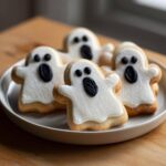 A plate of adorable homemade ghost cookies with white icing and spooky black eyes and mouths.