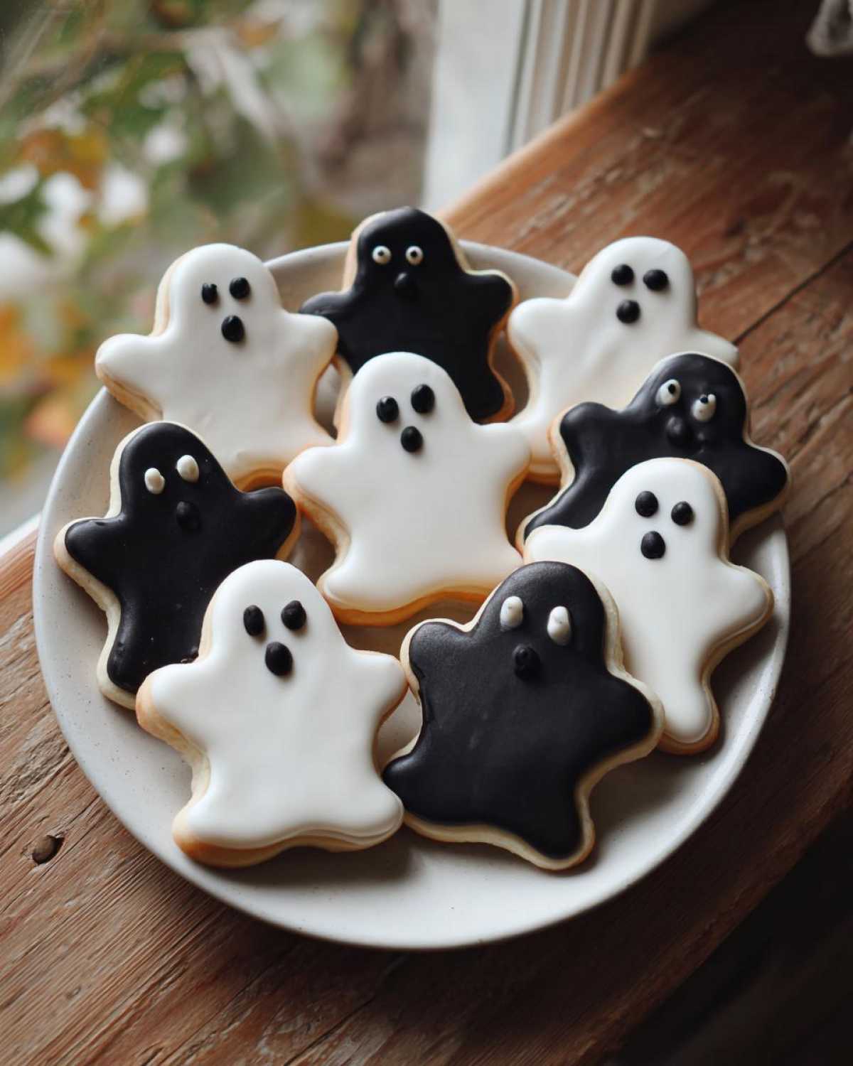 A plate of homemade ghost cookies, some iced in white and some in black, on a wooden surface.