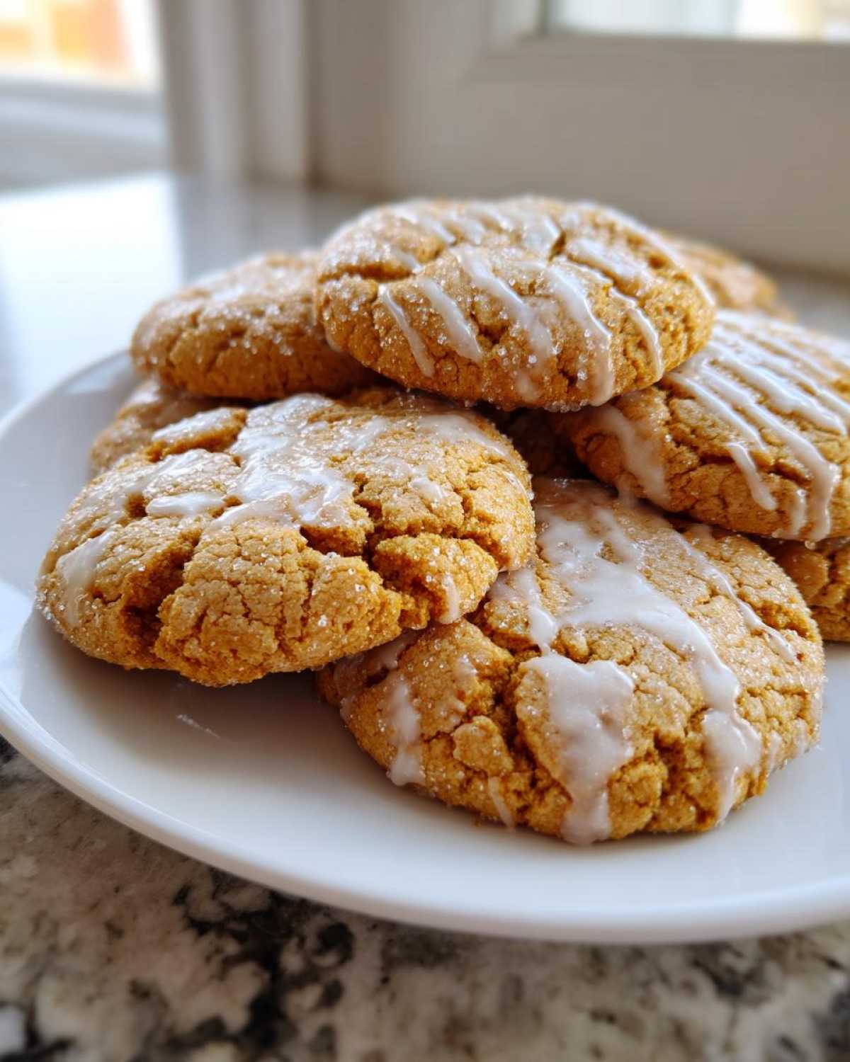 A plate of glazed chai cookies, showcasing their texture and glaze drizzle. Perfect for a quick 10-minute bake.