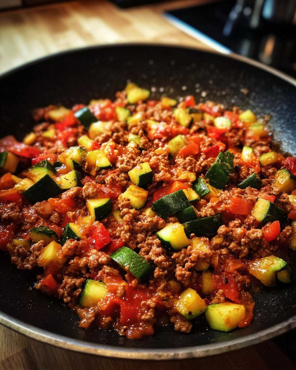 Close-up of ground turkey zucchini skillet with tomatoes and zucchini in a black skillet.