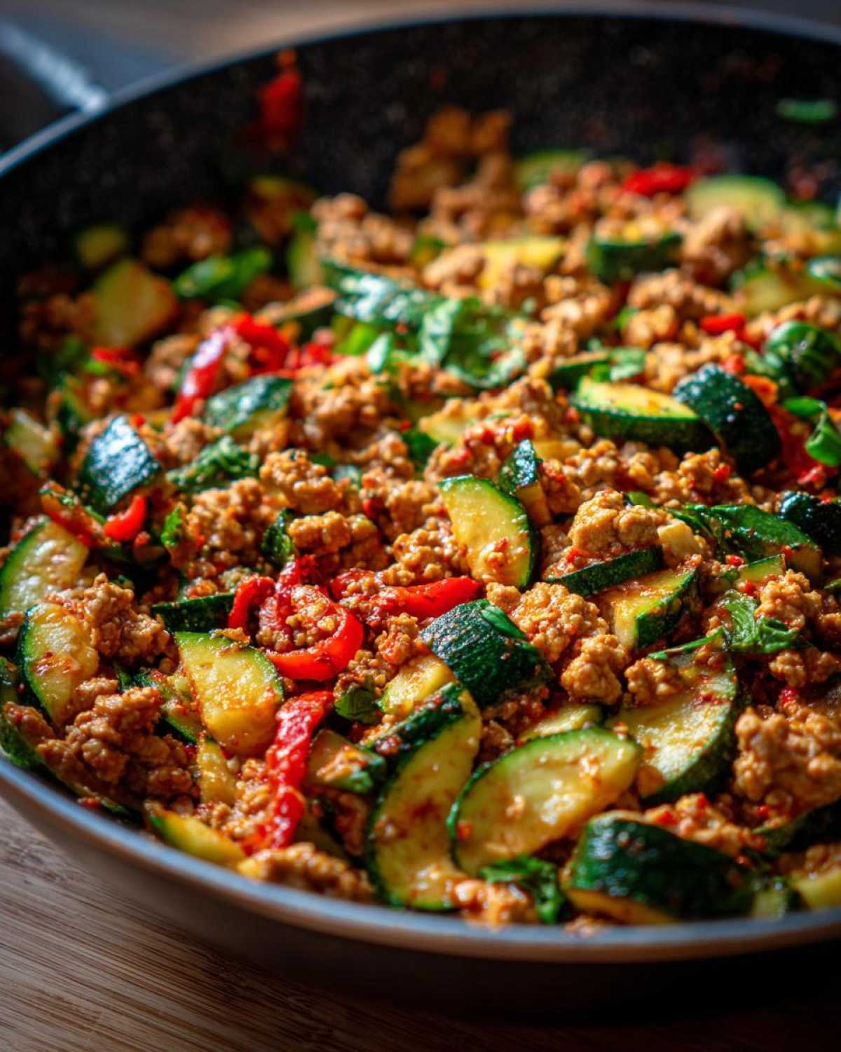 A close-up of ground turkey zucchini skillet with red bell peppers and herbs in a dark skillet.