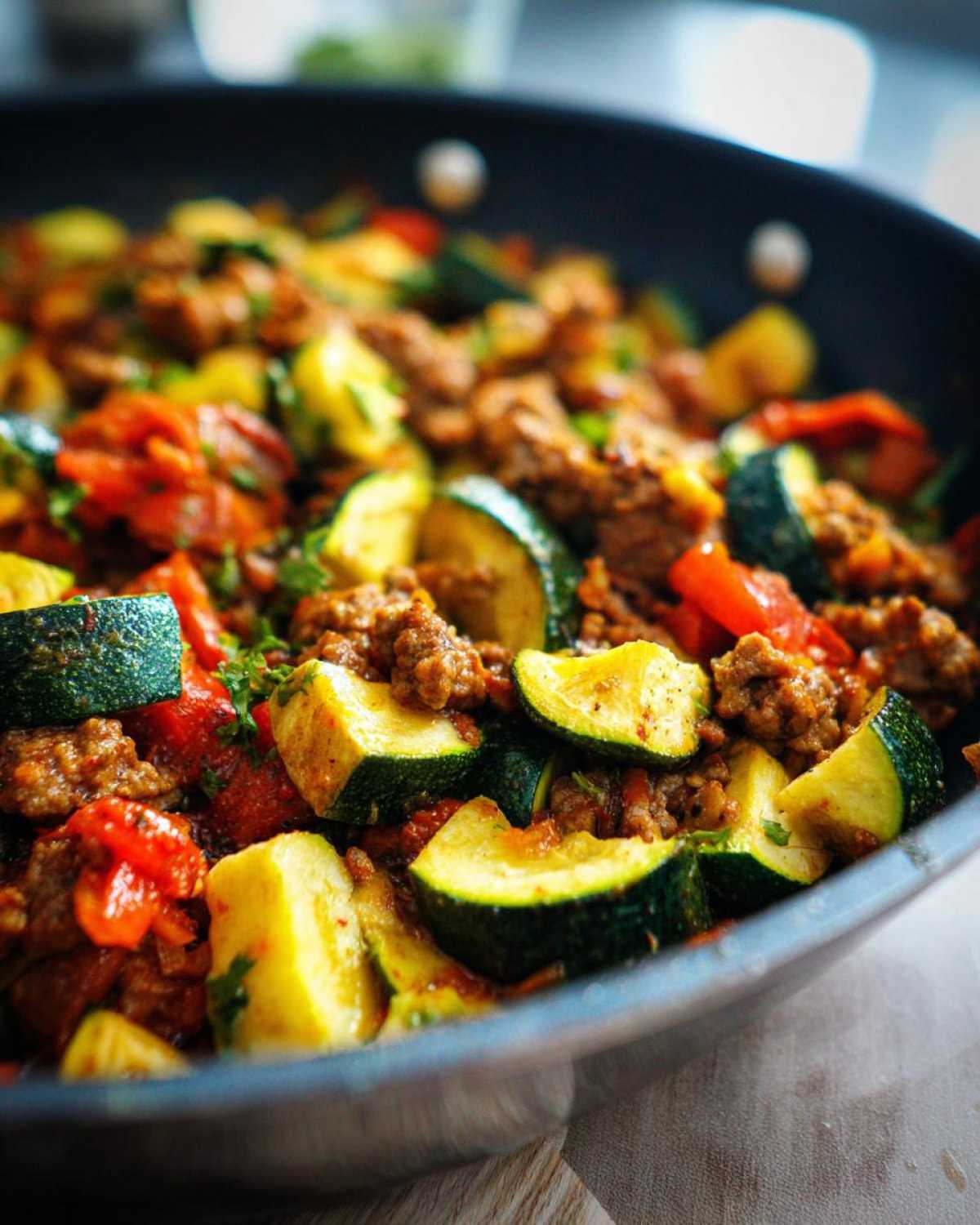 A close-up of ground turkey zucchini skillet with red peppers and herbs.