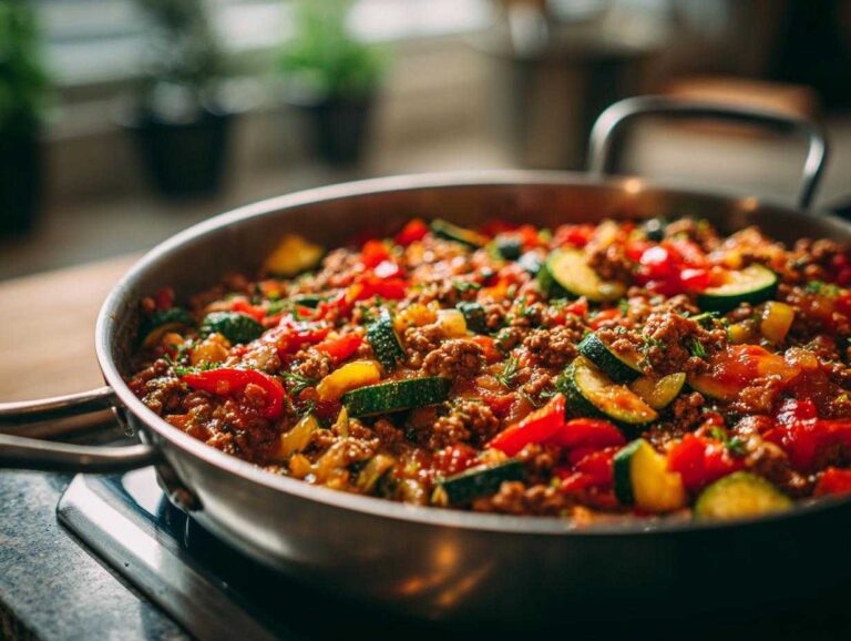 A vibrant ground turkey zucchini skillet with red peppers and herbs in a stainless steel pan.