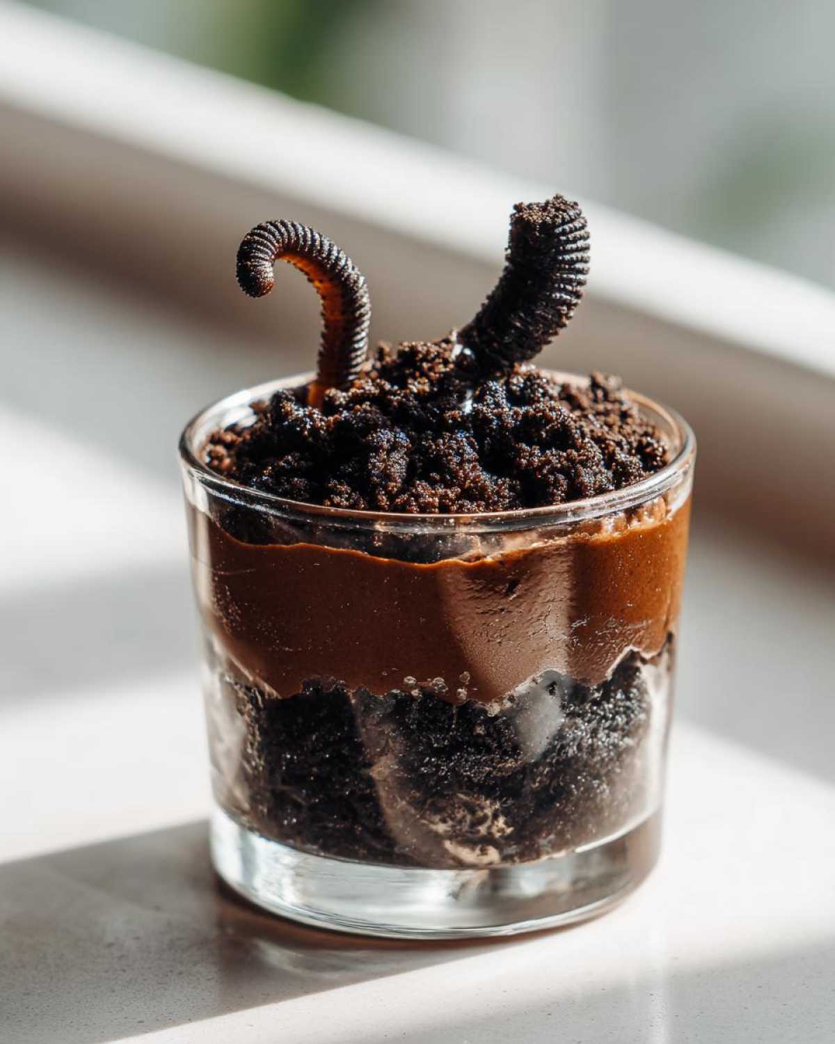 A Halloween dirt cups dessert in a glass, featuring layers of crushed cookies, chocolate pudding, and gummy worms.
