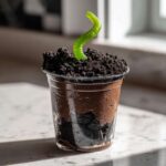 A single Halloween dirt cup in a clear plastic cup, topped with crushed Oreos and a gummy worm.