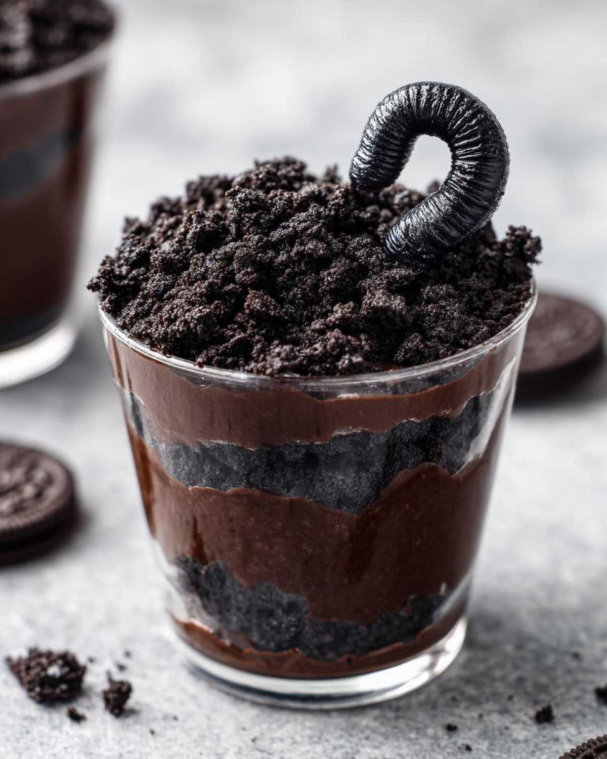 Close-up of a Halloween dirt cup featuring layers of chocolate pudding, crushed Oreos, and a gummy worm.