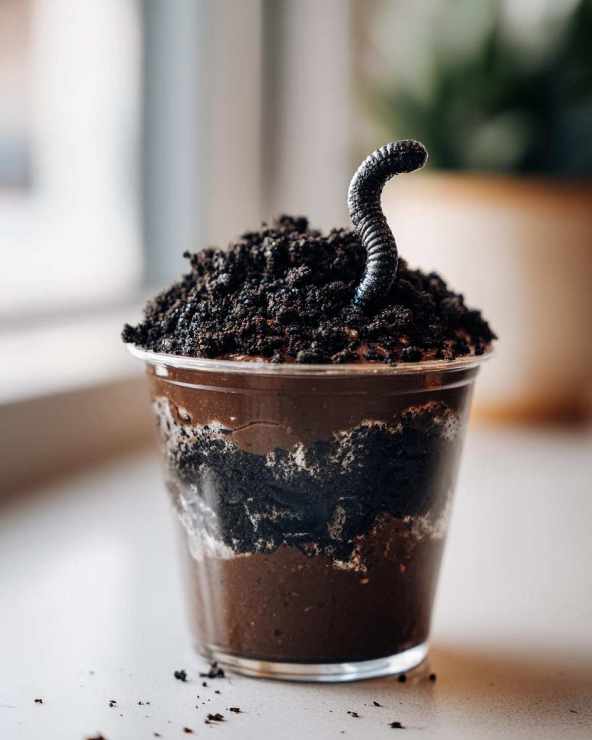 A Halloween dirt cup in a clear plastic cup, topped with crushed Oreos and a gummy worm.