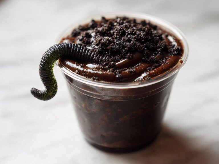 A Halloween dirt cups dessert in a clear cup, topped with crushed cookies and a gummy worm.